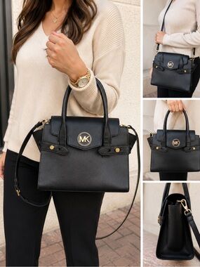Michael Kors Black Leather Satchel with Gold MK Emblem